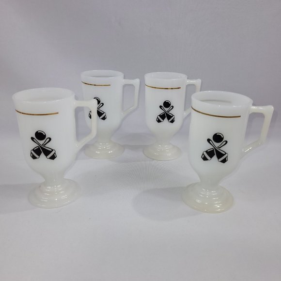 Milk Glass Mug Vintage Set 4 Bowling 5.5" Coffee Cup Black Gold Stripe - Picture 1 of 1